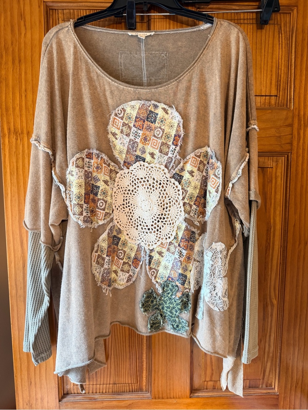 Oli & Hali Boho Patchwork Crochet Flower Women's Top - Tan